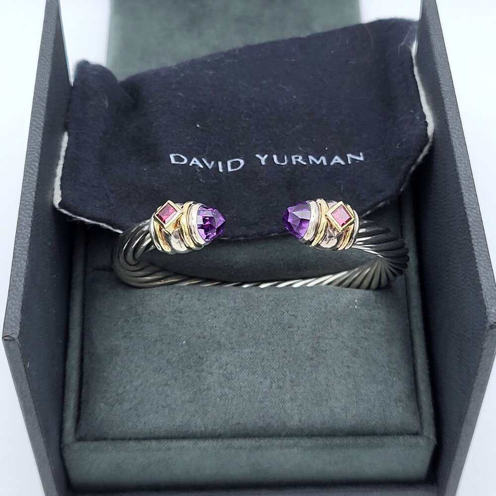 David Yurman 7mm Rennaissance Cable Amethyst & Garnet Bangle Cuff .925 & 14kt - Picture 10 of 10